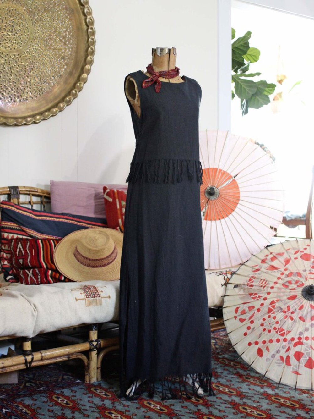Chintamani Black Cotton Tassel Fringe Sleeveless Maxi Bohemian Dress Side Slits